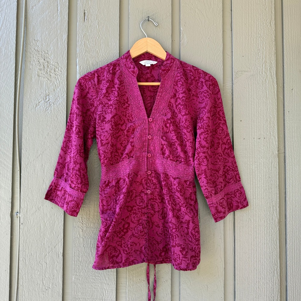 Great Northwest Blouse Womens Medium Pink Floral Lace Trim Button Front Top M